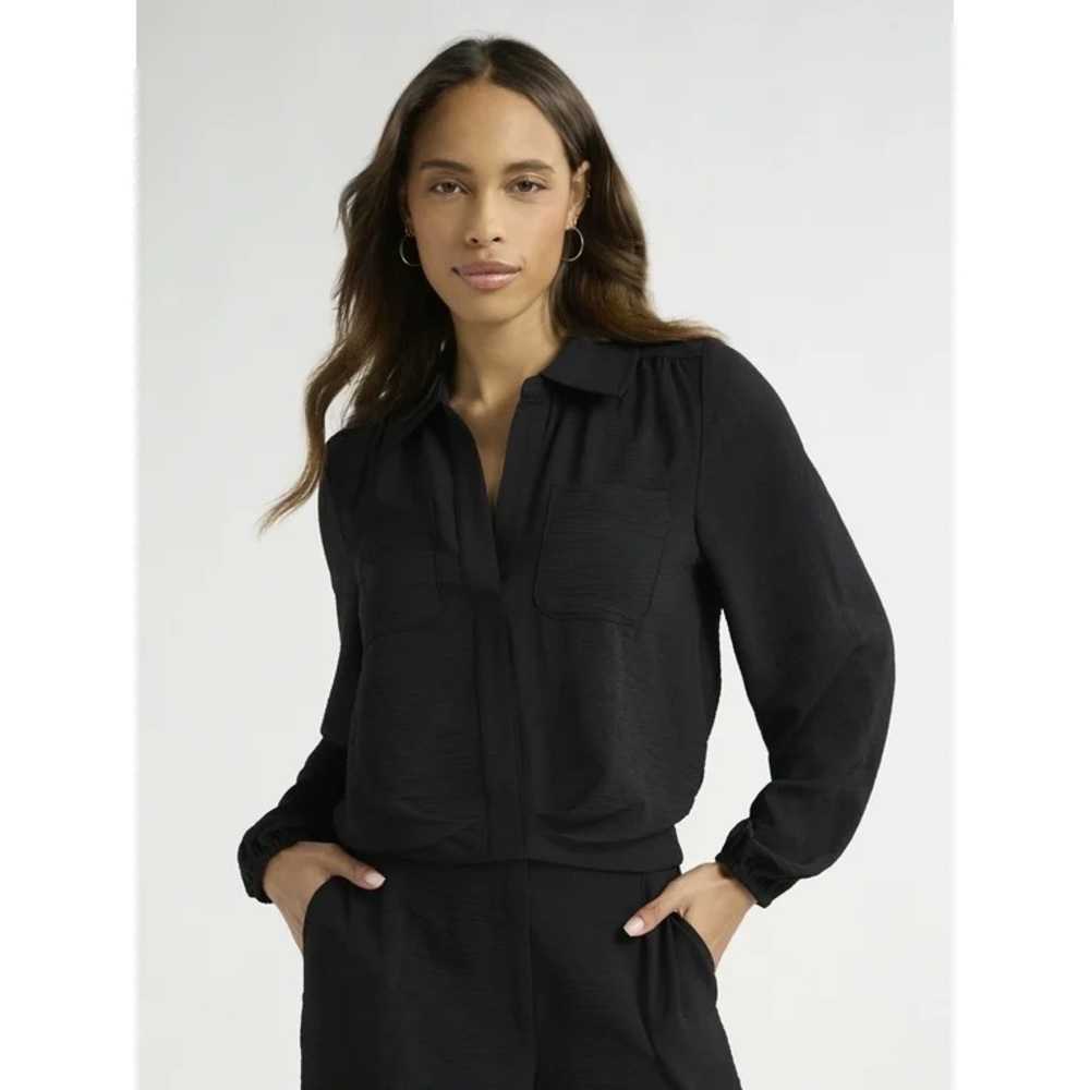 Sofia by Sofia Vergara Black Long Sleeve Notched Collar Blouse